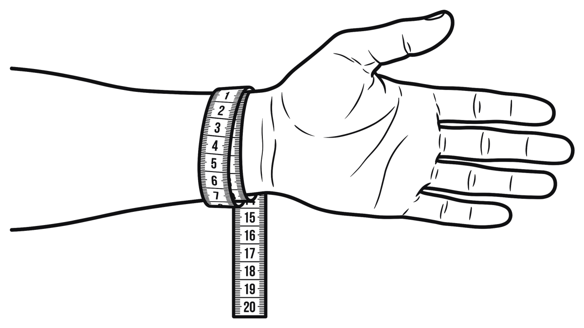 A tape measure around the wrist showing the reading
