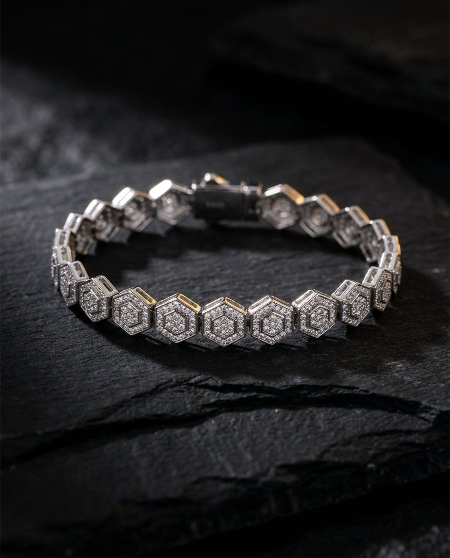 Hexagon moissanite bracelet in silver on dark slate