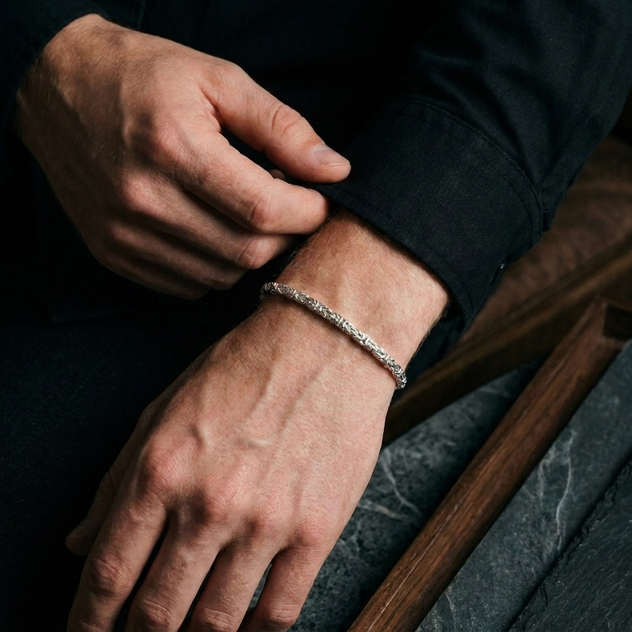 Anvil Weave bracelet in solid 925 sterling silver, worn on the wrist