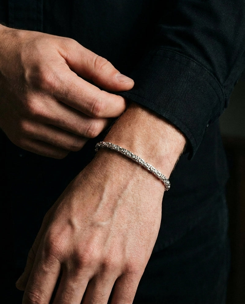 Anvil Weave bracelet in solid 925 sterling silver, worn on the wrist