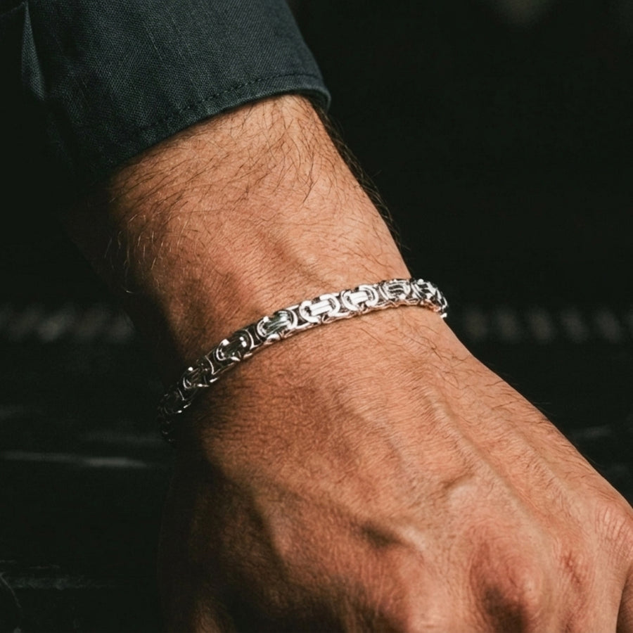 King's Byzantine bracelet in solid 925 sterling silver, worn on the wrist