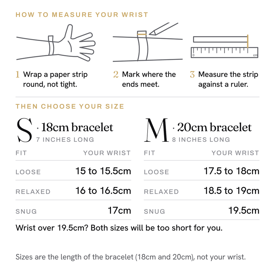 How to measure your wrist, and which size fits: S 18cm bracelet or M 20cm bracelet