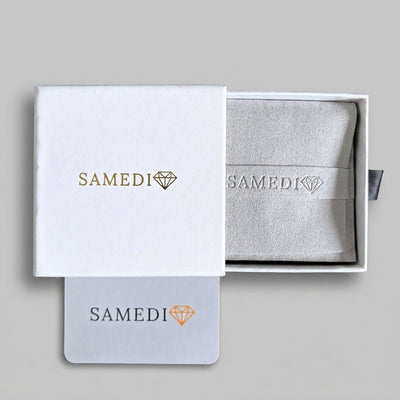 Samedi packaging, box, suede pouch and card