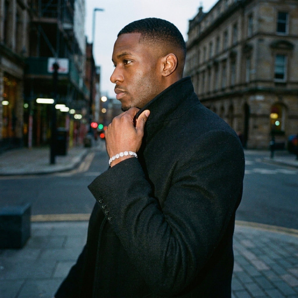 The iced hexagon bracelet, worn on the street