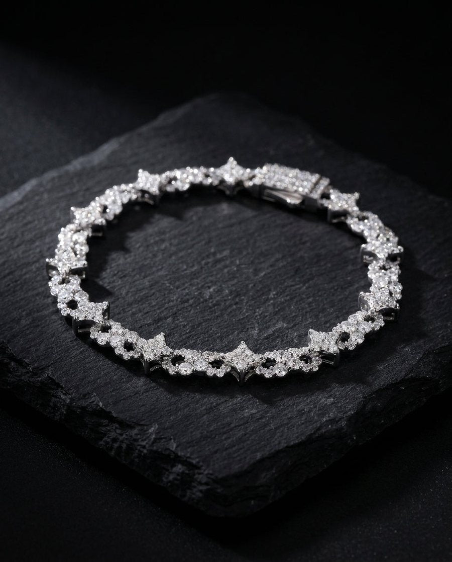 Star-link moissanite bracelet in silver on dark slate